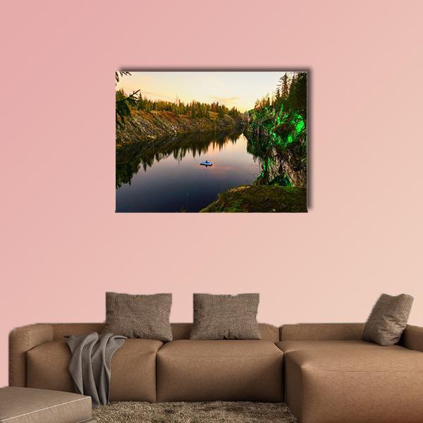 Mountain Park Lake at Sunset Canvas Wall Art in orange, green and blue, single panel hung on a wall