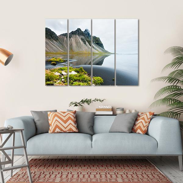 Mountain Reflection On Shore Canvas Wall Art-4 Horizontal-Gallery Wrap-34" x 24"-Tiaracle