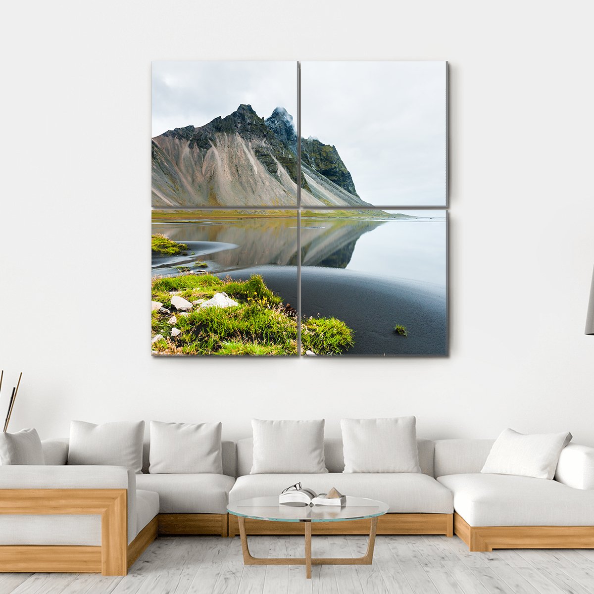 Mountain Reflection On Shore Canvas Wall Art-4 Square-Gallery Wrap-17" x 17"-Tiaracle