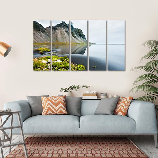 Mountain Reflection On Shore Canvas Wall Art-5 Horizontal-Gallery Wrap-22" x 12"-Tiaracle