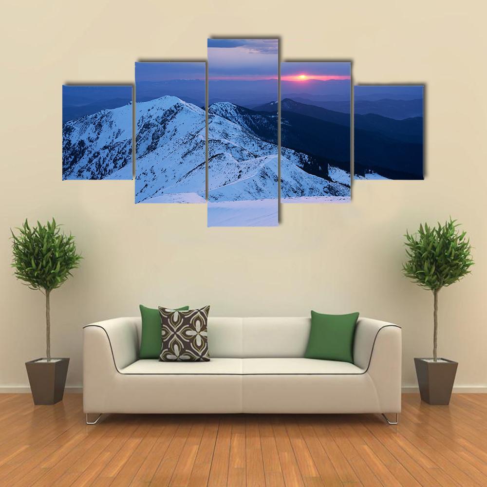 Mountain Ridge In Snow Canvas Wall Art-5 Star-Gallery Wrap-62" x 32"-Tiaracle