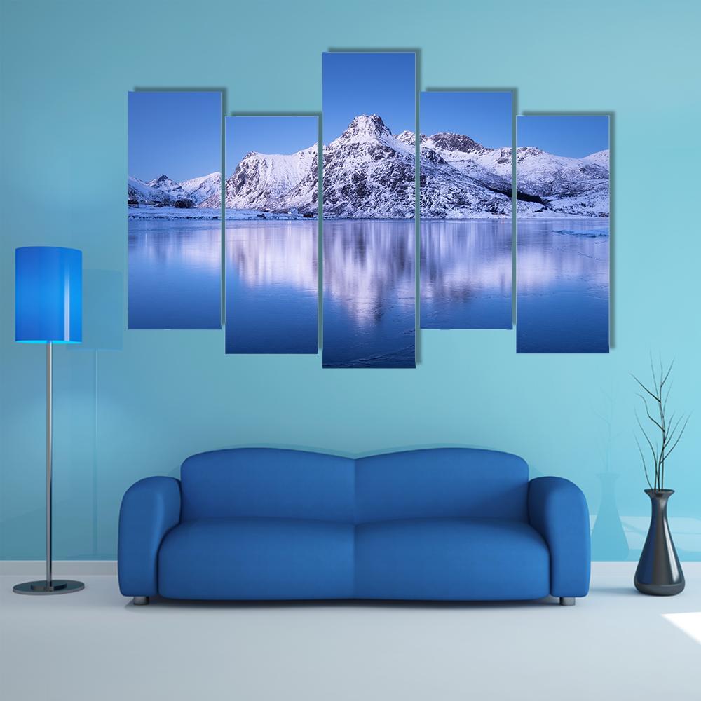Snowy Mountain Reflection In Lake Canvas Wall Art-5 Pop-Gallery Wrap-47" x 32"-Tiaracle