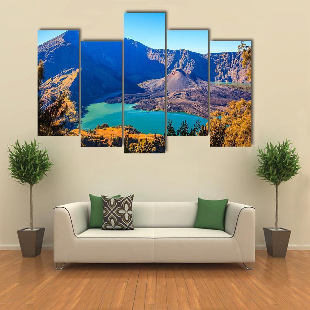 Mount Rinjani With Lake Canvas Wall Art-5 Pop-Gallery Wrap-47" x 32"-Tiaracle