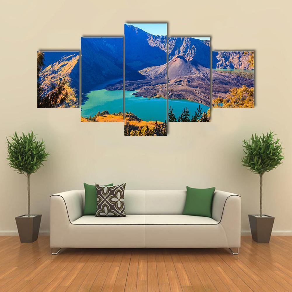 Mount Rinjani With Lake Canvas Wall Art-5 Star-Gallery Wrap-62" x 32"-Tiaracle
