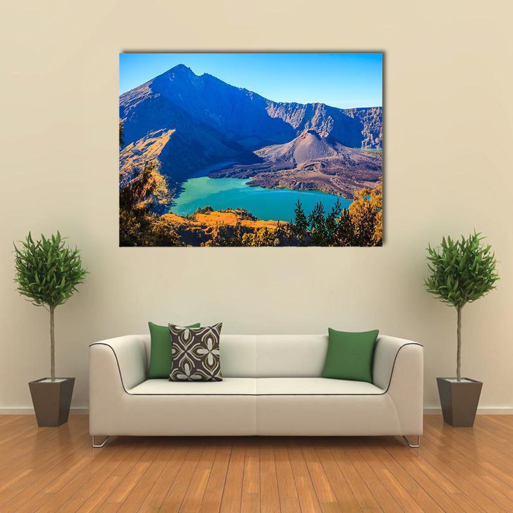 Mount Rinjani Over Turquoise Crater Lake Canvas Wall Art in brown, green and blue, single panel hung on a wall