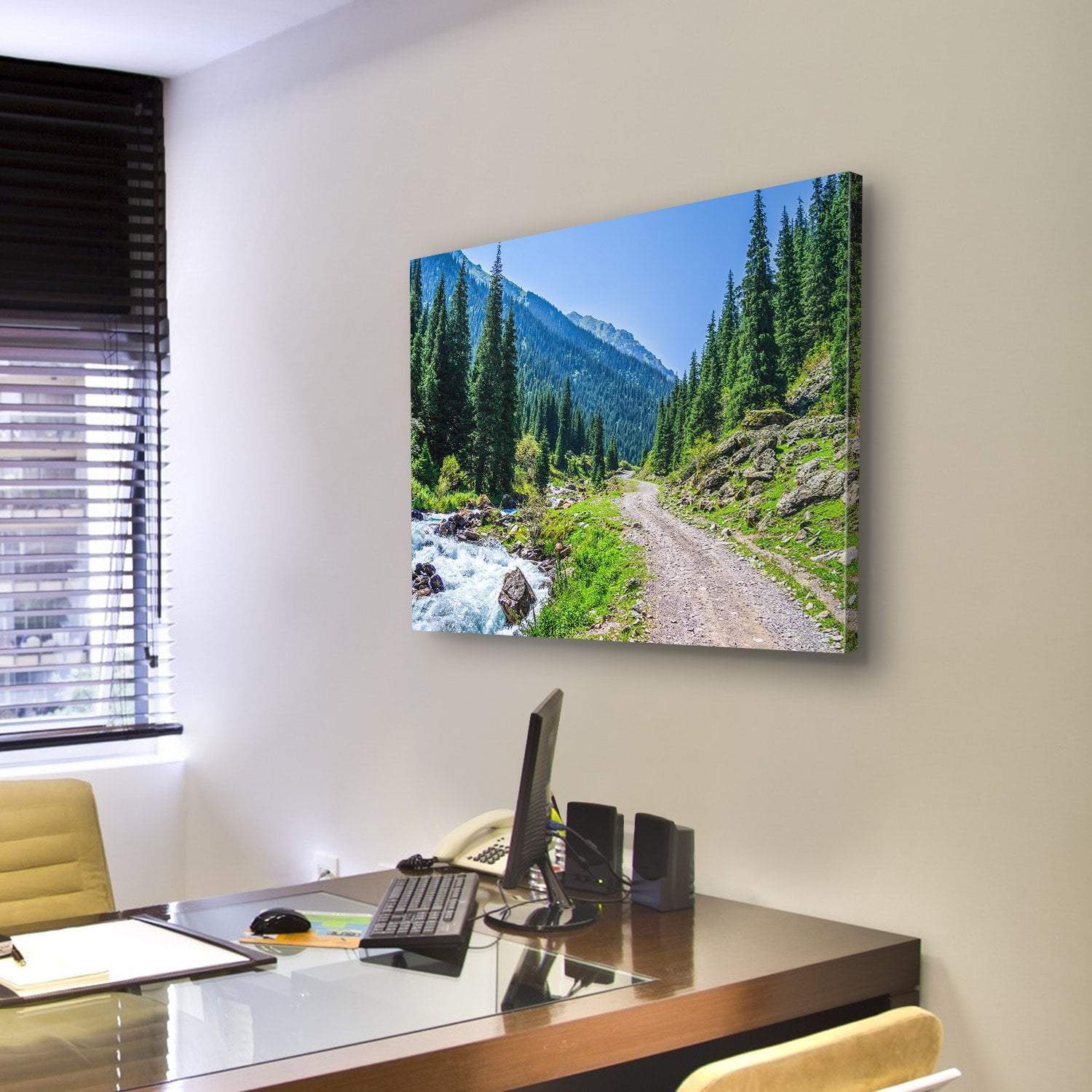 Mountain River & Road Canvas Wall Art-4 Pop-Gallery Wrap-50" x 32"-Tiaracle