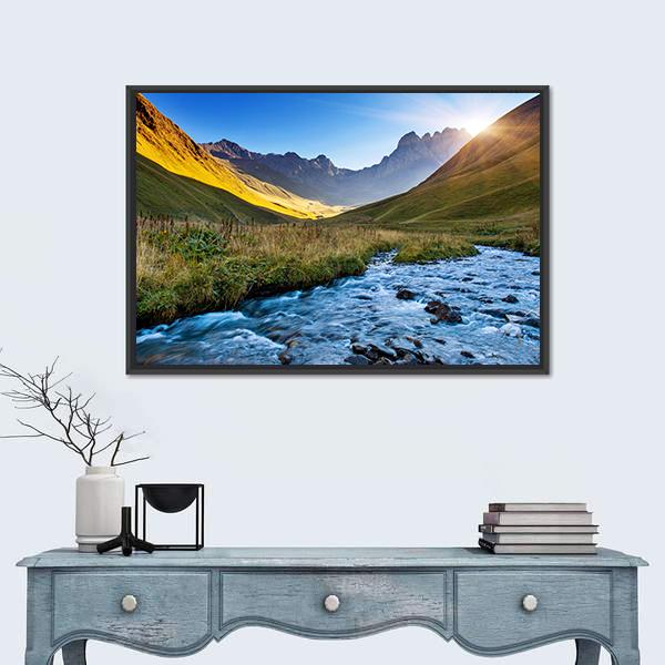Mountain River In Summer Canvas Wall Art-1 Piece-Floating Frame-24" x 16"-Tiaracle