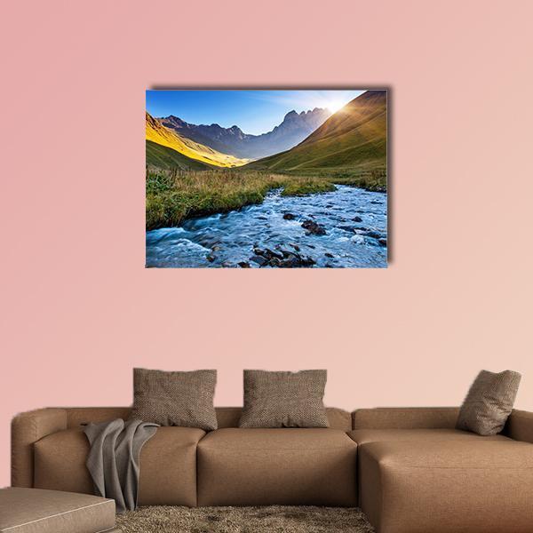Mountain River In Summer Canvas Wall Art-1 Piece-Gallery Wrap-48" x 32"-Tiaracle