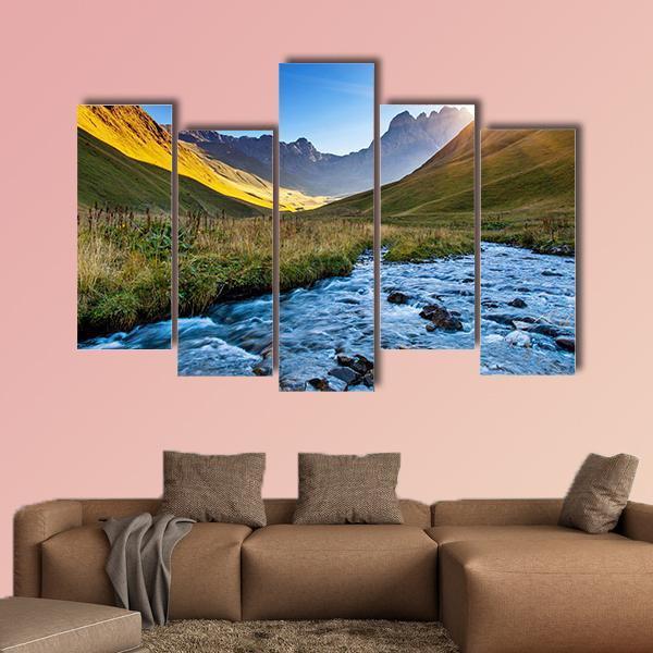 Mountain River In Summer Canvas Wall Art-5 Pop-Gallery Wrap-47" x 32"-Tiaracle