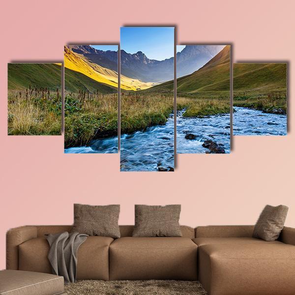 Mountain River In Summer Canvas Wall Art-5 Star-Gallery Wrap-62" x 32"-Tiaracle