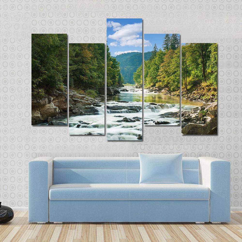 River In Forest Canvas Wall Art-5 Pop-Gallery Wrap-47" x 32"-Tiaracle