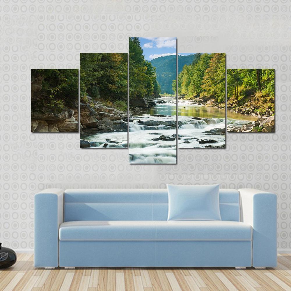 River In Forest Canvas Wall Art-5 Star-Gallery Wrap-62" x 32"-Tiaracle