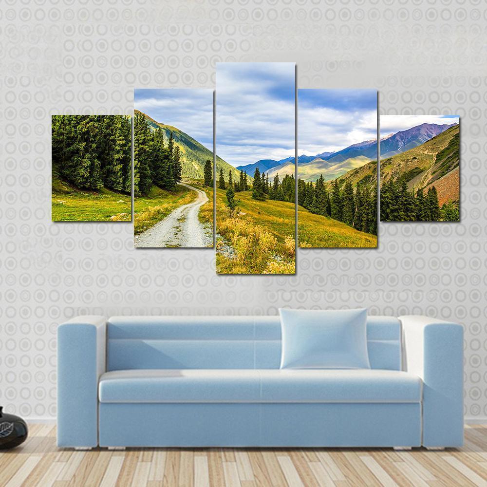 Mountain Road & Landscape Canvas Wall Art-5 Star-Gallery Wrap-62" x 32"-Tiaracle