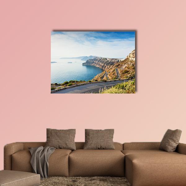 Mountain Road to Santorini Canvas Wall Art in white, brown and blue, single panel hung on a wall