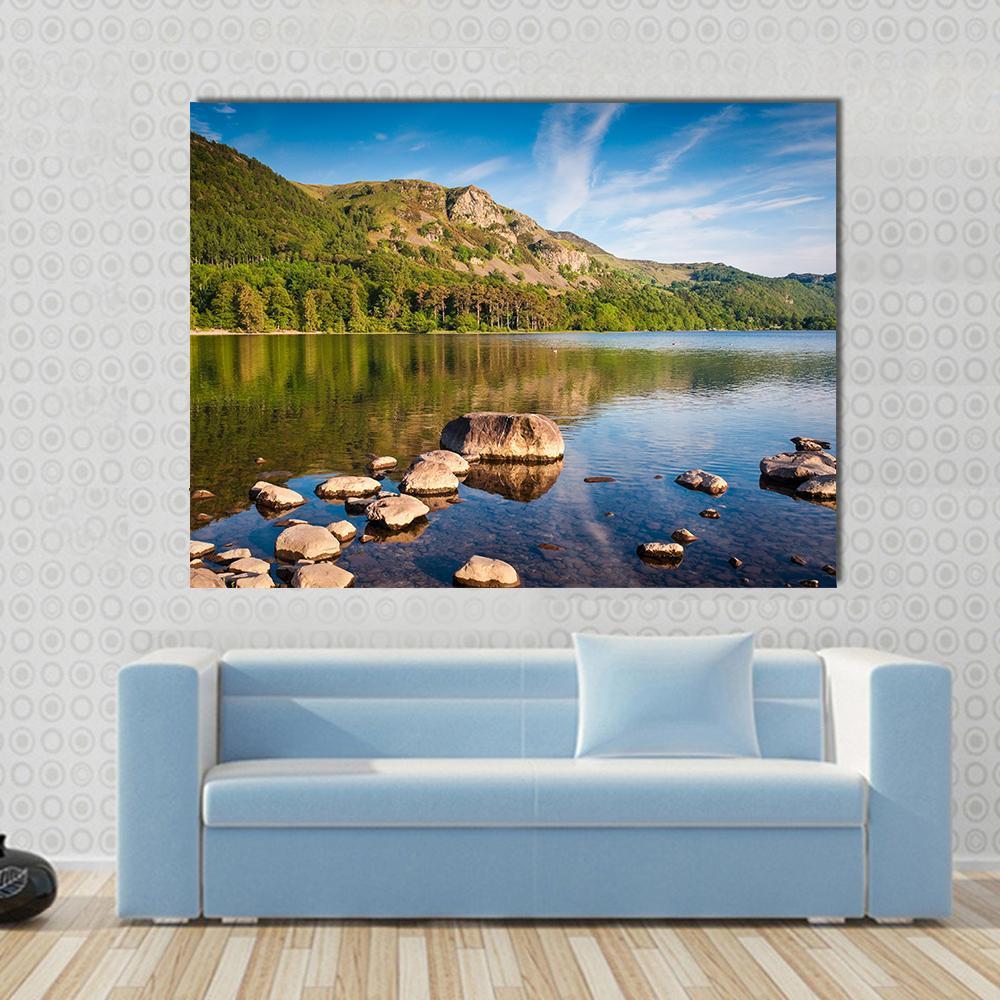 Scenic Lake District Cumbria Canvas Wall Art in green and blue, single panel hung on a wall