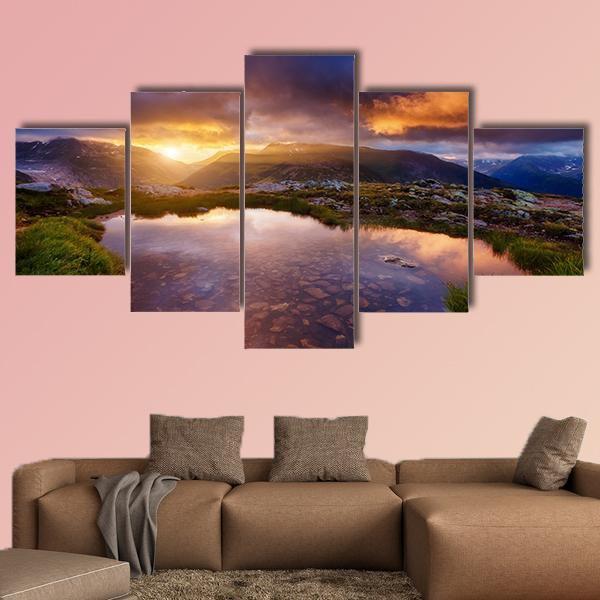 Mountain Slopes In Sunbeams Canvas Wall Art-5 Star-Gallery Wrap-62" x 32"-Tiaracle