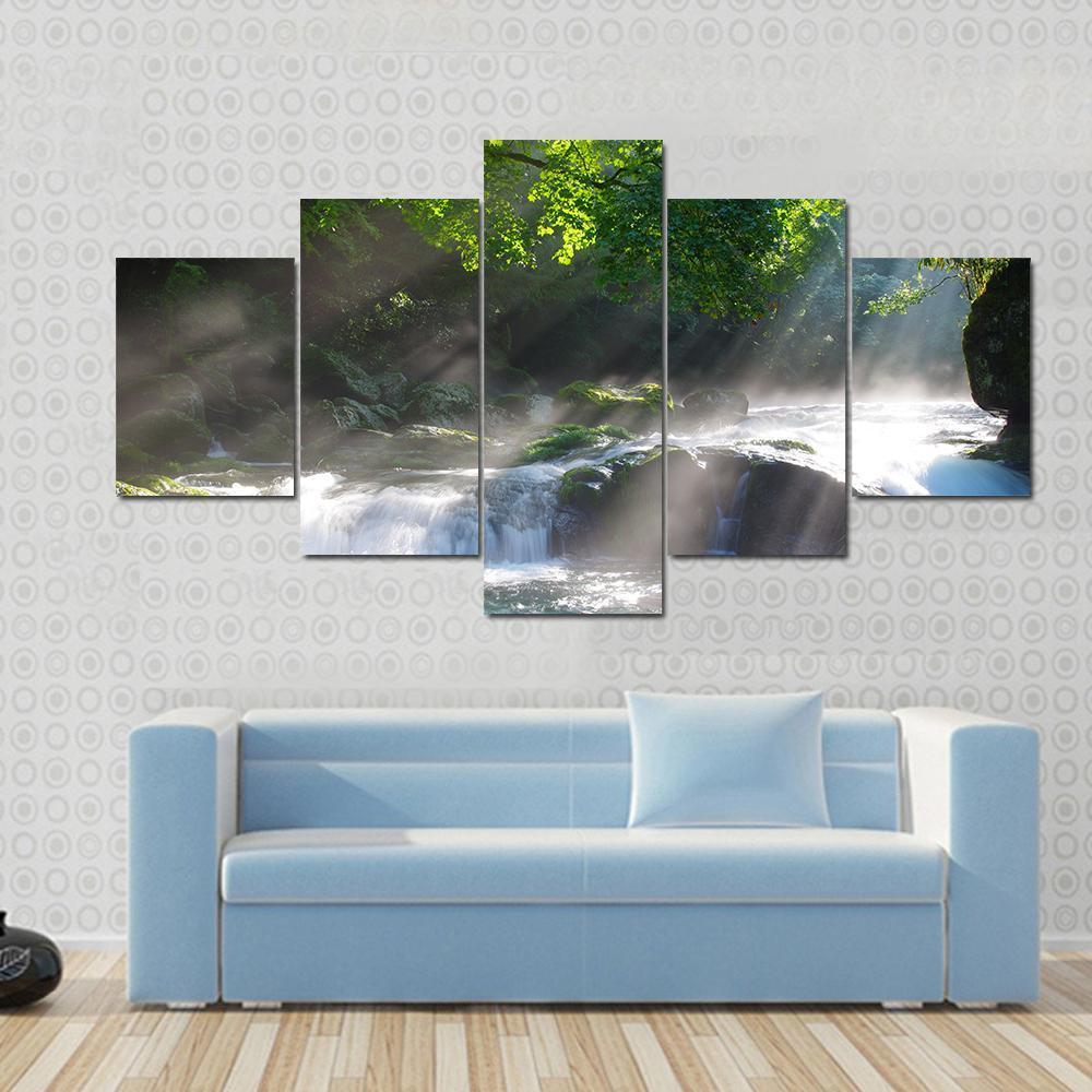 Sunlight On Mountain Stream Canvas Wall Art-5 Star-Gallery Wrap-62" x 32"-Tiaracle