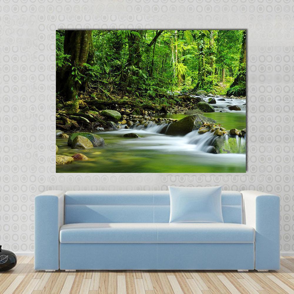 Mountain Stream in Tropical Forest Canvas Wall Art in brown and green, single panel hung on a wall