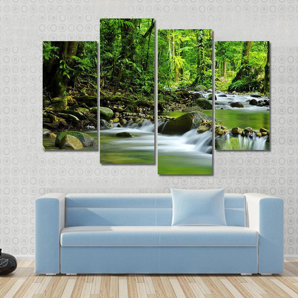 Mountain Stream In Tropical Forest Canvas Wall Art-4 Pop-Gallery Wrap-50&quot; x 32&quot;-Tiaracle
