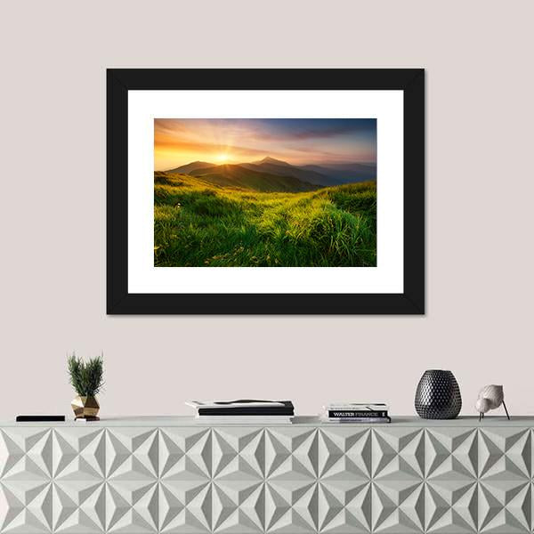 Mountain Valley During Sunrise Canvas Wall Art-1 Piece-Floating Frame-24" x 16"-Tiaracle