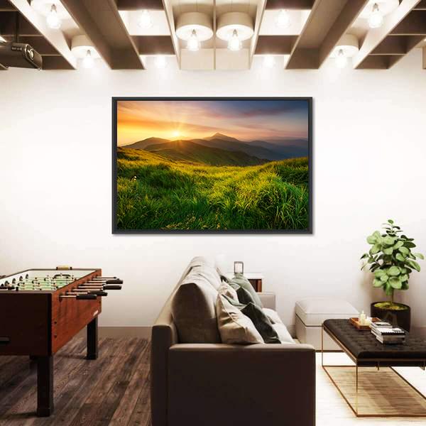 Mountain Valley During Sunrise Canvas Wall Art-3 Horizontal-Gallery Wrap-25" x 16"-Tiaracle