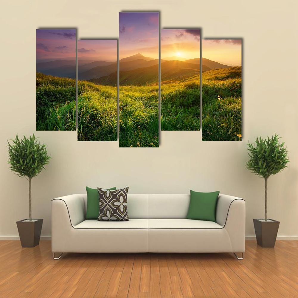 Sunrise On Mountain Valley Canvas Wall Art-5 Pop-Gallery Wrap-47" x 32"-Tiaracle