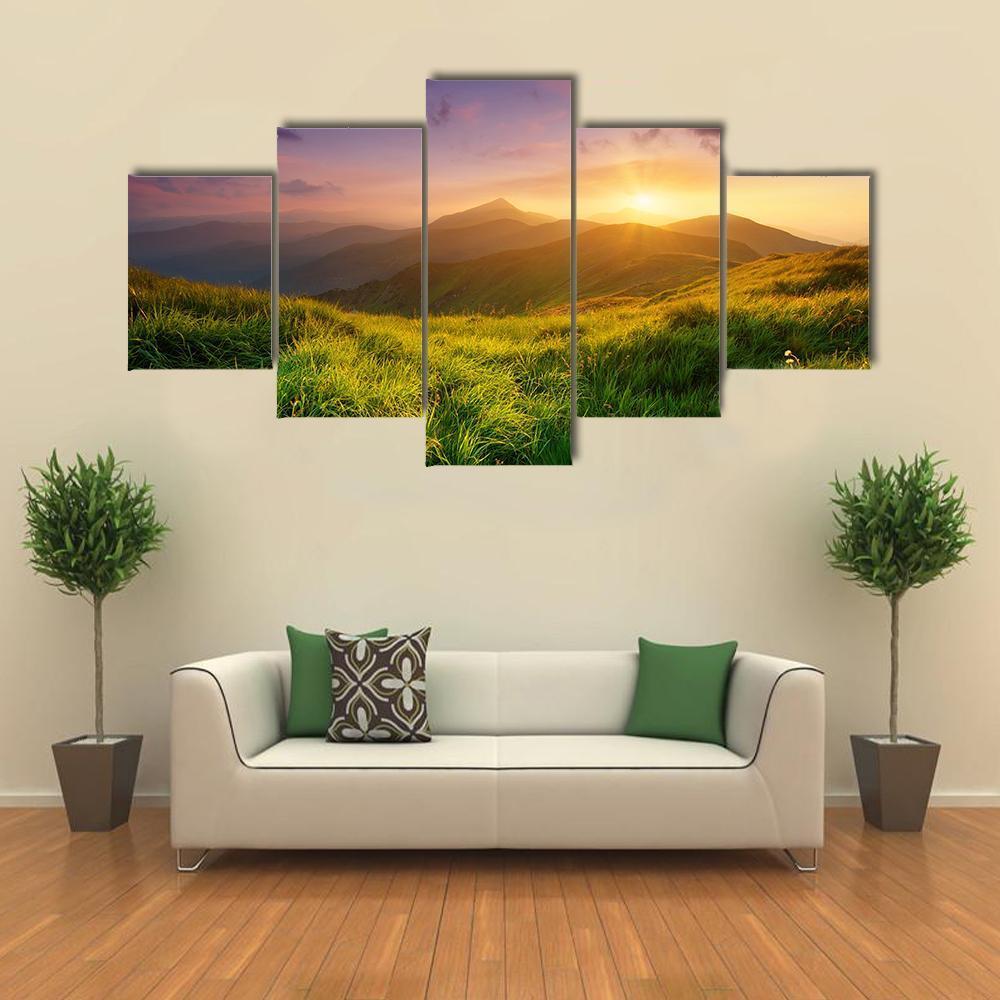 Sunrise On Mountain Valley Canvas Wall Art-5 Star-Gallery Wrap-62" x 32"-Tiaracle