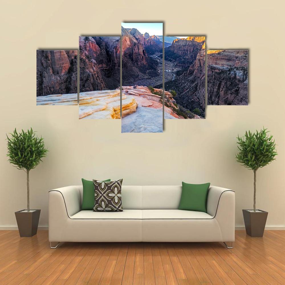 Mountain Valley In Zion Canvas Wall Art-5 Star-Gallery Wrap-62" x 32"-Tiaracle