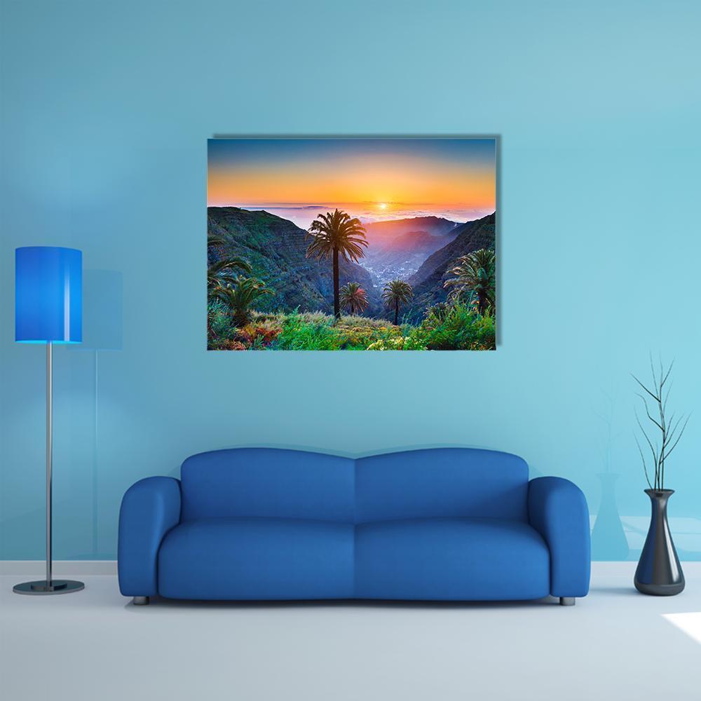 Golden Sun On Mountain Valley Canvas Wall Art-4 Pop-Gallery Wrap-50" x 32"-Tiaracle