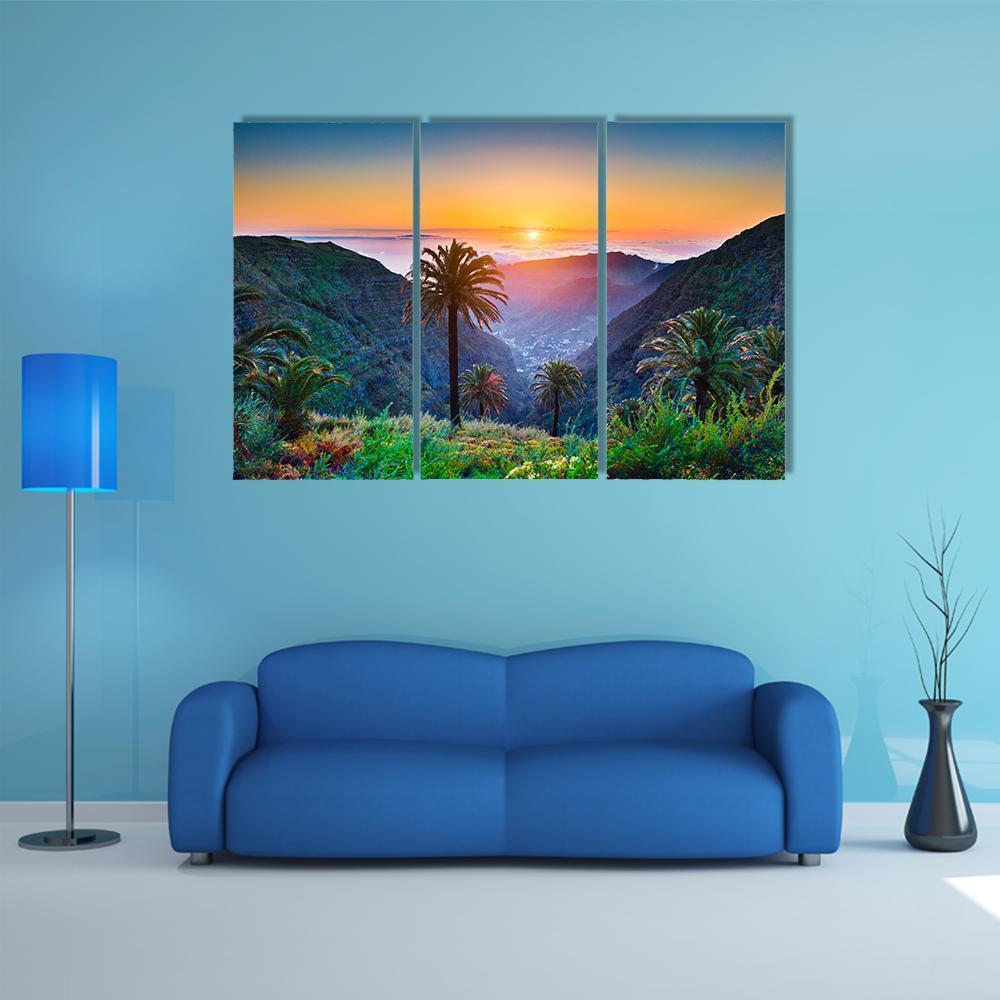 Golden Sun On Mountain Valley Canvas Wall Art-3 Horizontal-Gallery Wrap-37" x 24"-Tiaracle