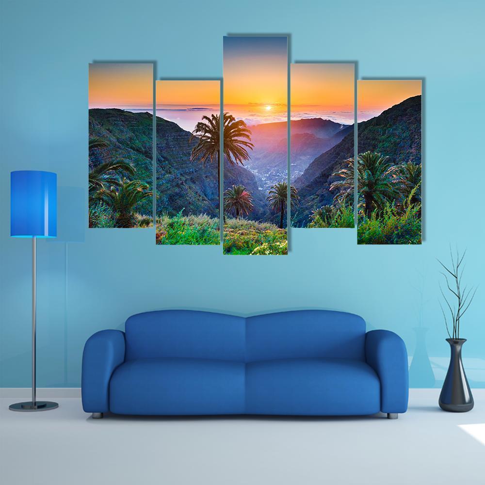 Golden Sun On Mountain Valley Canvas Wall Art-5 Pop-Gallery Wrap-47" x 32"-Tiaracle