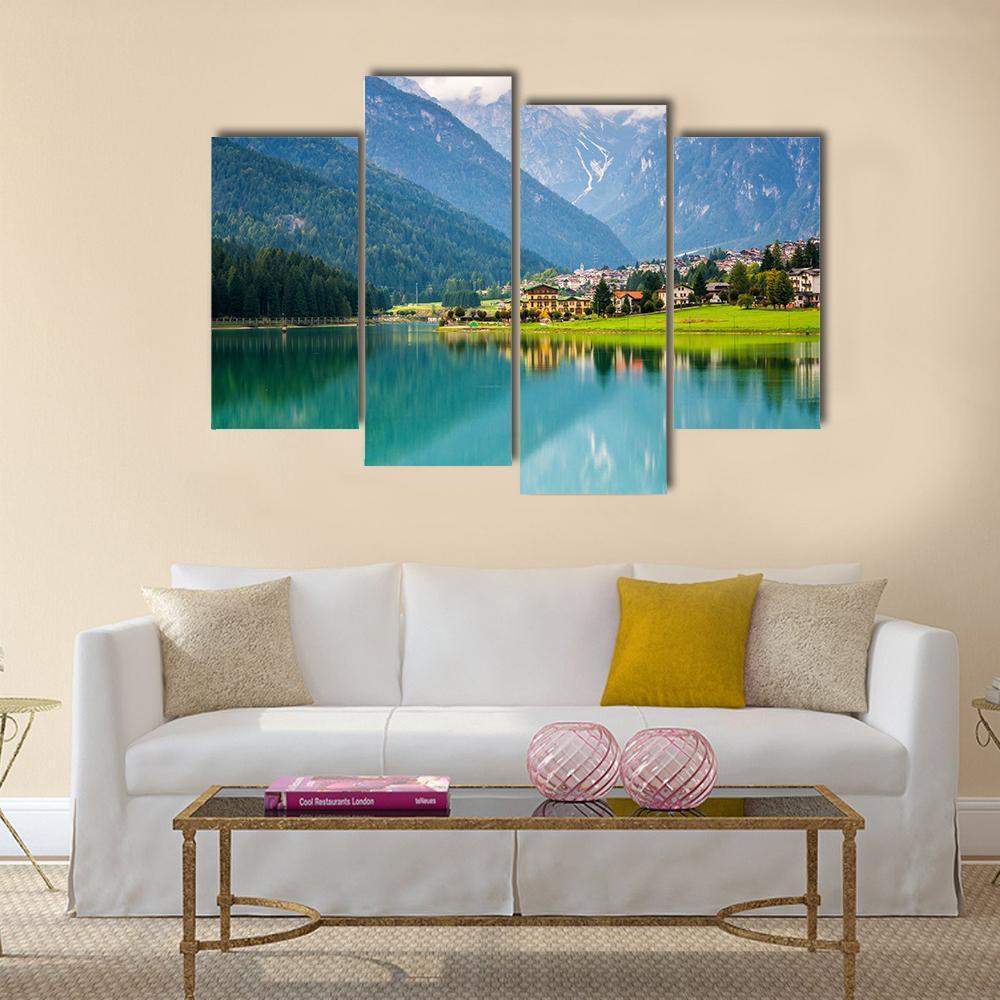 Mountain Village &amp; Lake Auronzo Canvas Wall Art-4 Pop-Gallery Wrap-50" x 32"-Tiaracle