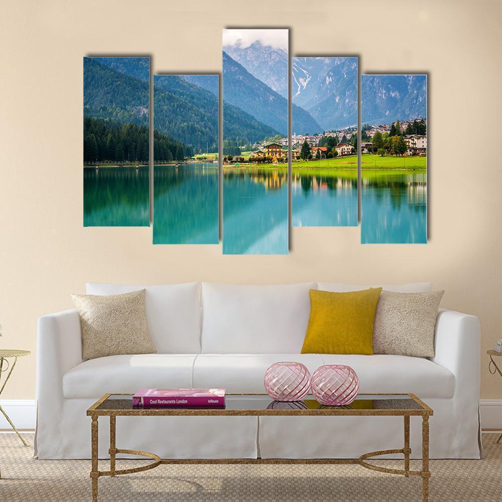 Mountain Village &amp; Lake Auronzo Canvas Wall Art-5 Pop-Gallery Wrap-47" x 32"-Tiaracle