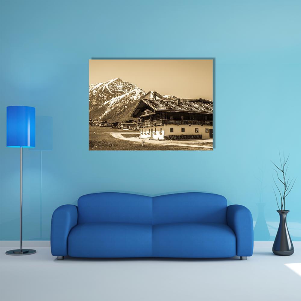 Pertisau Village Alpine House, Austria Canvas Wall Art in white, beige and brown, single panel hung on a wall