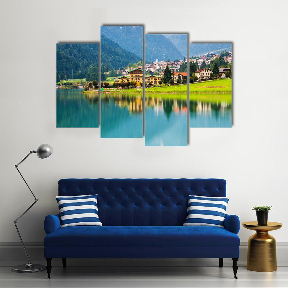 Mountain Village With Lake Auronzo Canvas Wall Art-4 Pop-Gallery Wrap-50" x 32"-Tiaracle