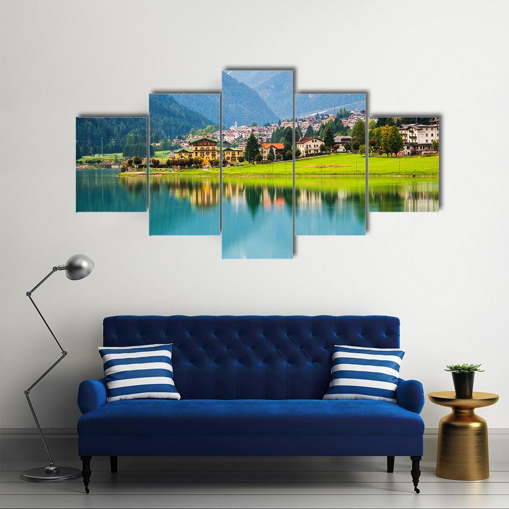 Mountain Village With Lake Auronzo Canvas Wall Art-5 Star-Gallery Wrap-62" x 32"-Tiaracle