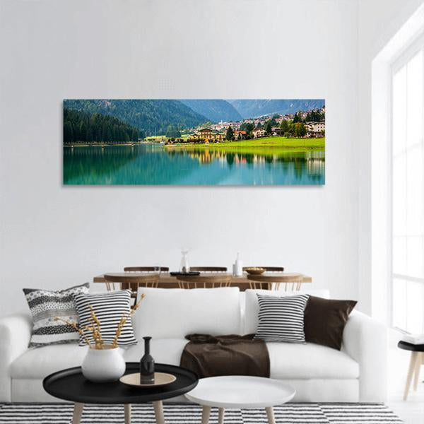 Village With Lake Auronzo Panoramic Canvas Wall Art-3 Piece-25" x 08"-Tiaracle