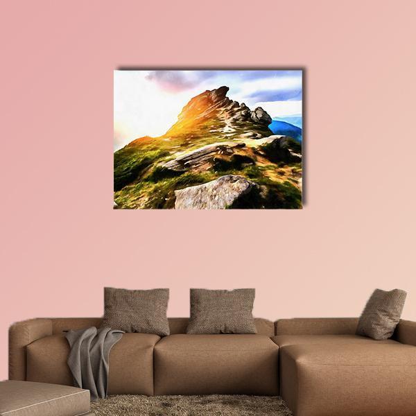 Late Afternoon Mountain Watercolor Canvas Wall Art in orange, green and blue, single panel hung on a wall