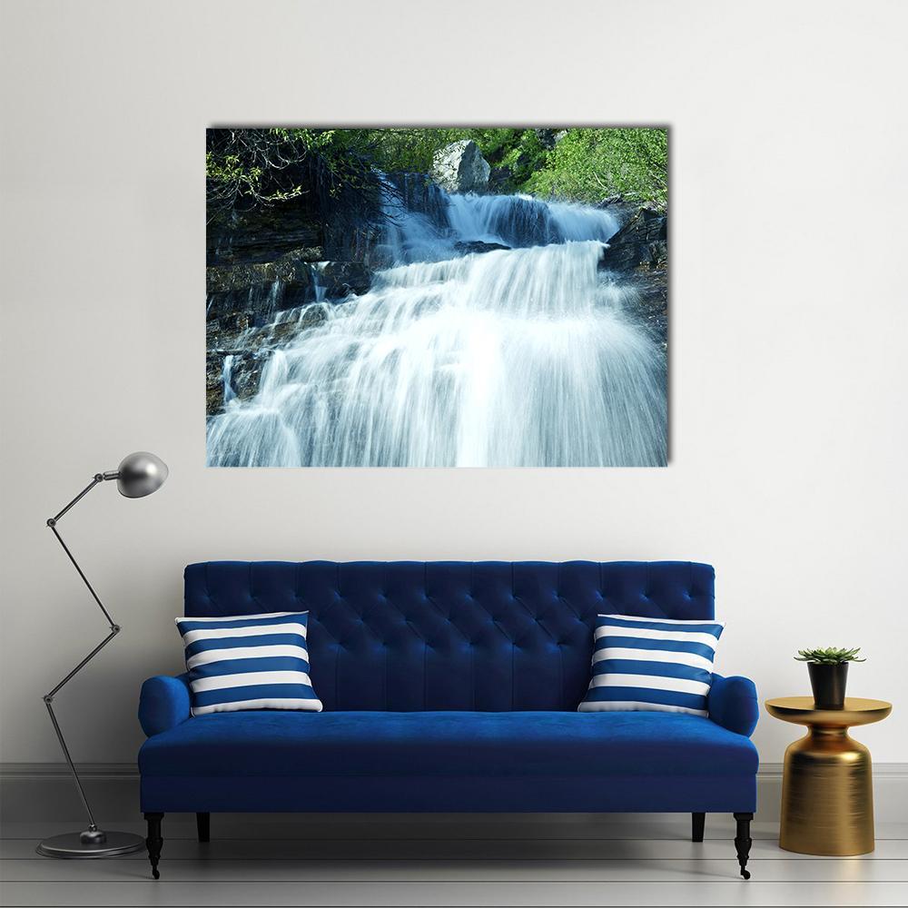 Mountain Waterfall Glacier Canvas Wall Art-1 Piece-Gallery Wrap-48" x 32"-Tiaracle
