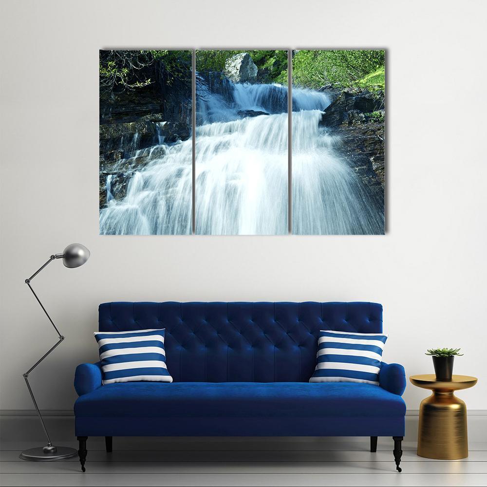 Mountain Waterfall Glacier Canvas Wall Art-3 Horizontal-Gallery Wrap-37" x 24"-Tiaracle
