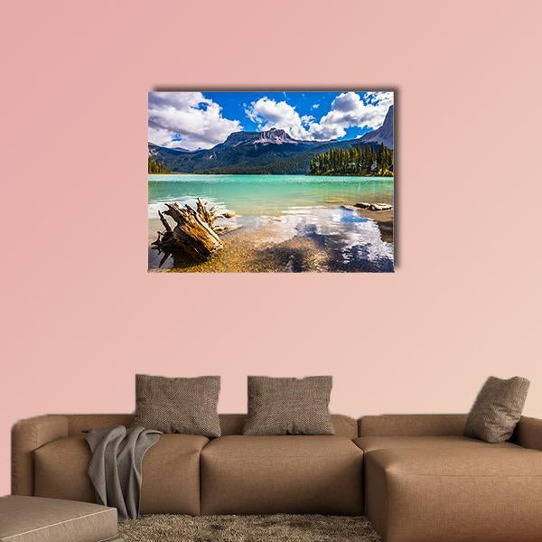 Mountain with Emerald Lake Canvas Wall Art in brown, green and blue, single panel hung on a wall