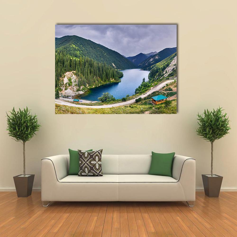 Lake Kolsai Landscape with Cabin Canvas Wall Art in gray, green and blue, single panel hung on a wall