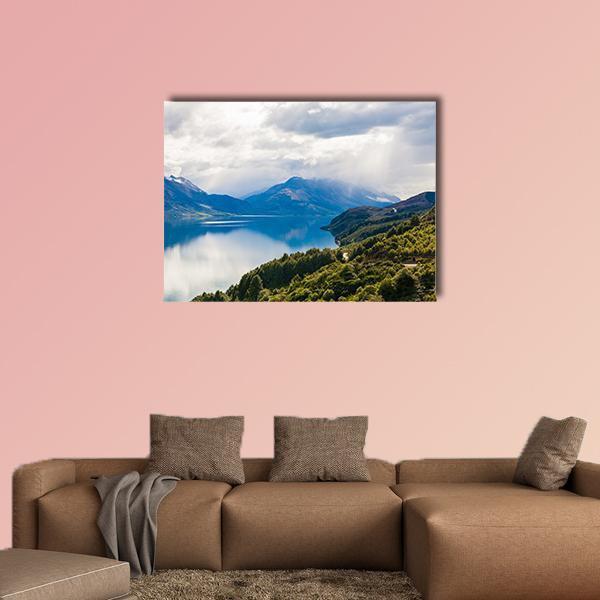 Mountain and Lake in New Zealand Canvas Wall Art in white, green and blue, single panel hung on a wall
