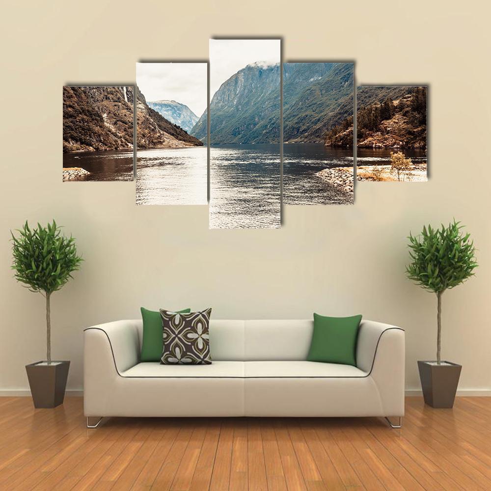 Mountains & Fjord Sognefjord Canvas Wall Art-5 Star-Gallery Wrap-62" x 32"-Tiaracle
