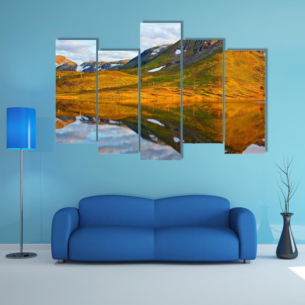 Mountains & Lake Norway Canvas Wall Art-5 Pop-Gallery Wrap-47" x 32"-Tiaracle