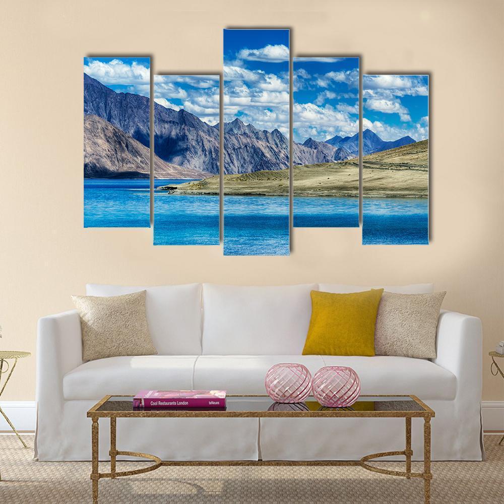 Mountains &amp; Pangong Lake Canvas Wall Art-5 Pop-Gallery Wrap-47" x 32"-Tiaracle