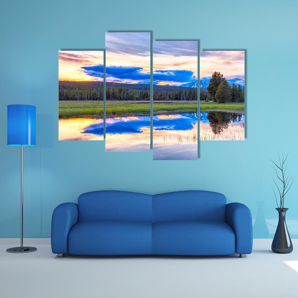 Sunset At Yellowstone National Park Canvas Wall Art-4 Pop-Gallery Wrap-50" x 32"-Tiaracle