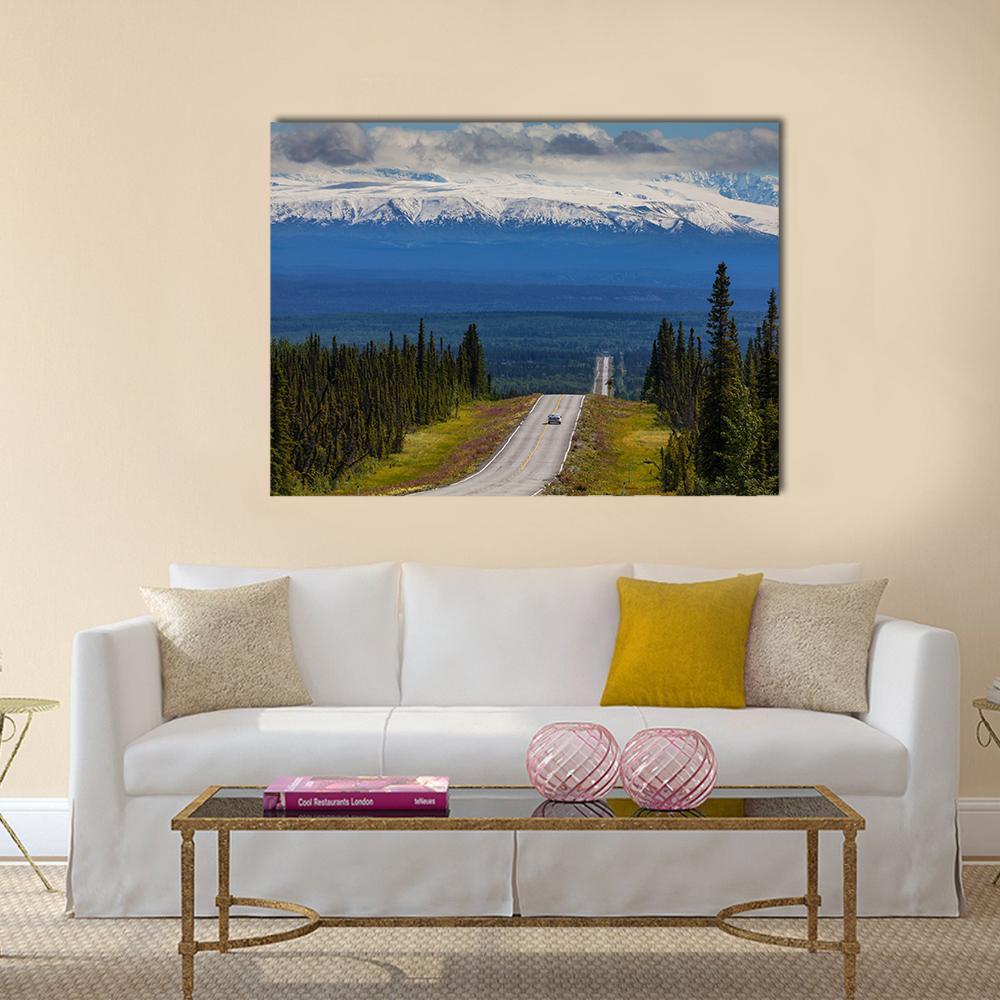 Mountain Road in Summer Canvas Wall Art in white, green and blue, single panel hung on a wall