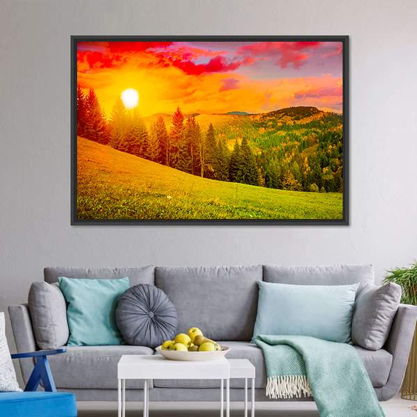 Mountains Landscape At Sunset Canvas Wall Art-1 Piece-Floating Frame-36" x 24"-Tiaracle