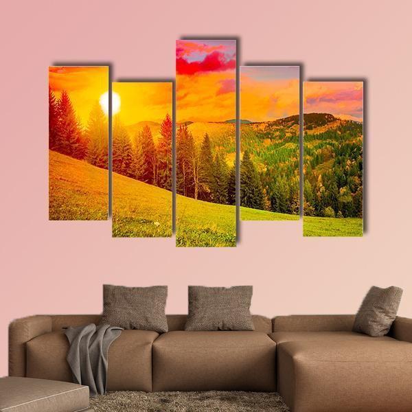 Dramatic Sun On Mountain Canvas Wall Art-5 Pop-Gallery Wrap-47&quot; x 32&quot;-Tiaracle